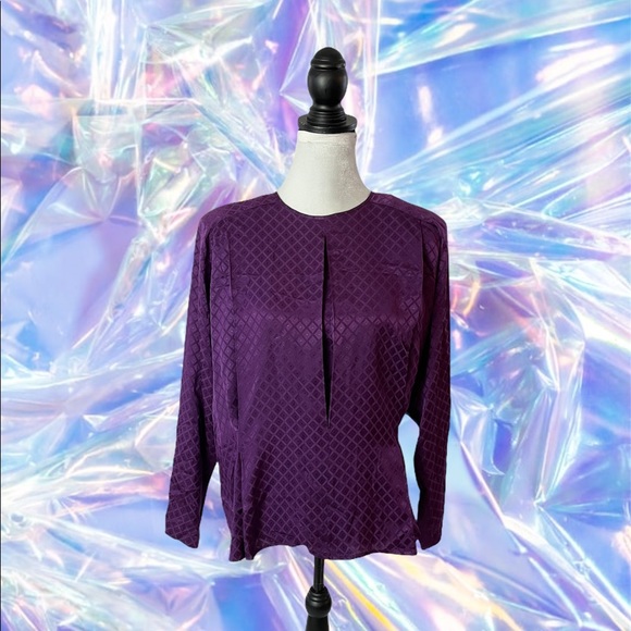 Vintage Dynasty 80's Purple 100% Silk Blouse 12 - Picture 1 of 7